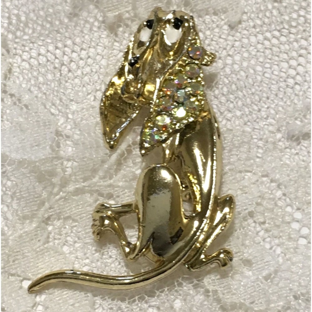 Vintage Dog Brooch Blood hound Gold Tone AB Rhinestone Ears Enamel Eyes